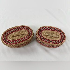 2 Handwoven Vintage Oval Sweet grass lidded basket rattan